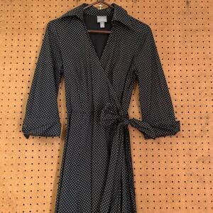 Retro Wrap Dress Shirt Collar Tiny Polka Dot Rock a‎ Billy Black White Midi 8